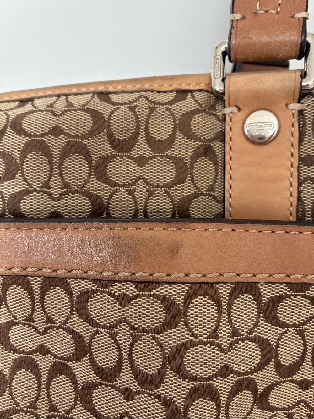 Coach Signature Canvas Laptop Tote Bag in Brown with Tan Leather Trim - Picture 10 of 16